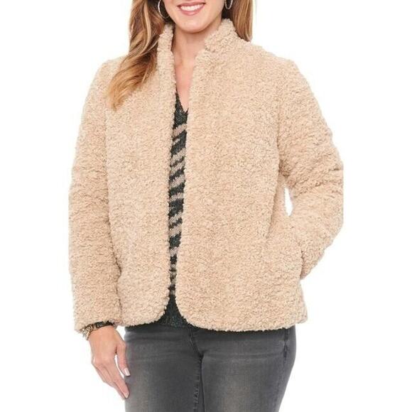 DEMOCRACY NEW $98 Shearling Faux Fur Stand Collar Open Jacket in Pebble XL - Picture 1 of 3